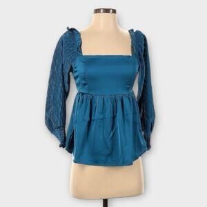Petal & Pup Montana Blue Satin Square Neck Babydoll Top Back Tie Cut Out XS New